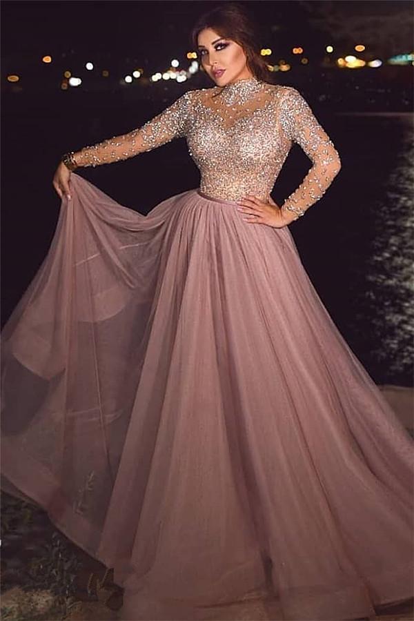 Beading A-line High-neck Evening Dresses Long Prom Dress-Dbrbridal