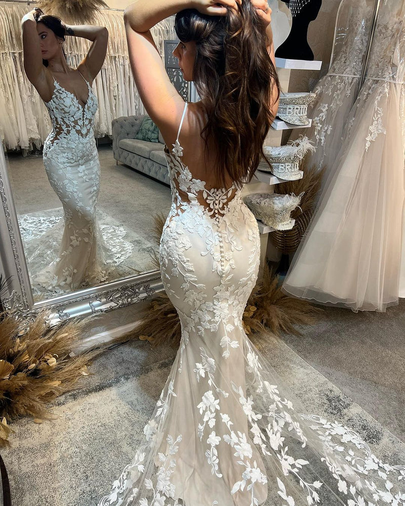 Beautiful Long Mermaid Spaghetti Straps Appliques V-neck Bridal Wear Long-Dbrbridal