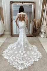 Beautiful Long White Mermaid Lace Wedding Dresses with Long Sleeves-Dbrbridal