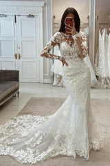 Beautiful Long White Mermaid Lace Wedding Dresses with Long Sleeves-Dbrbridal