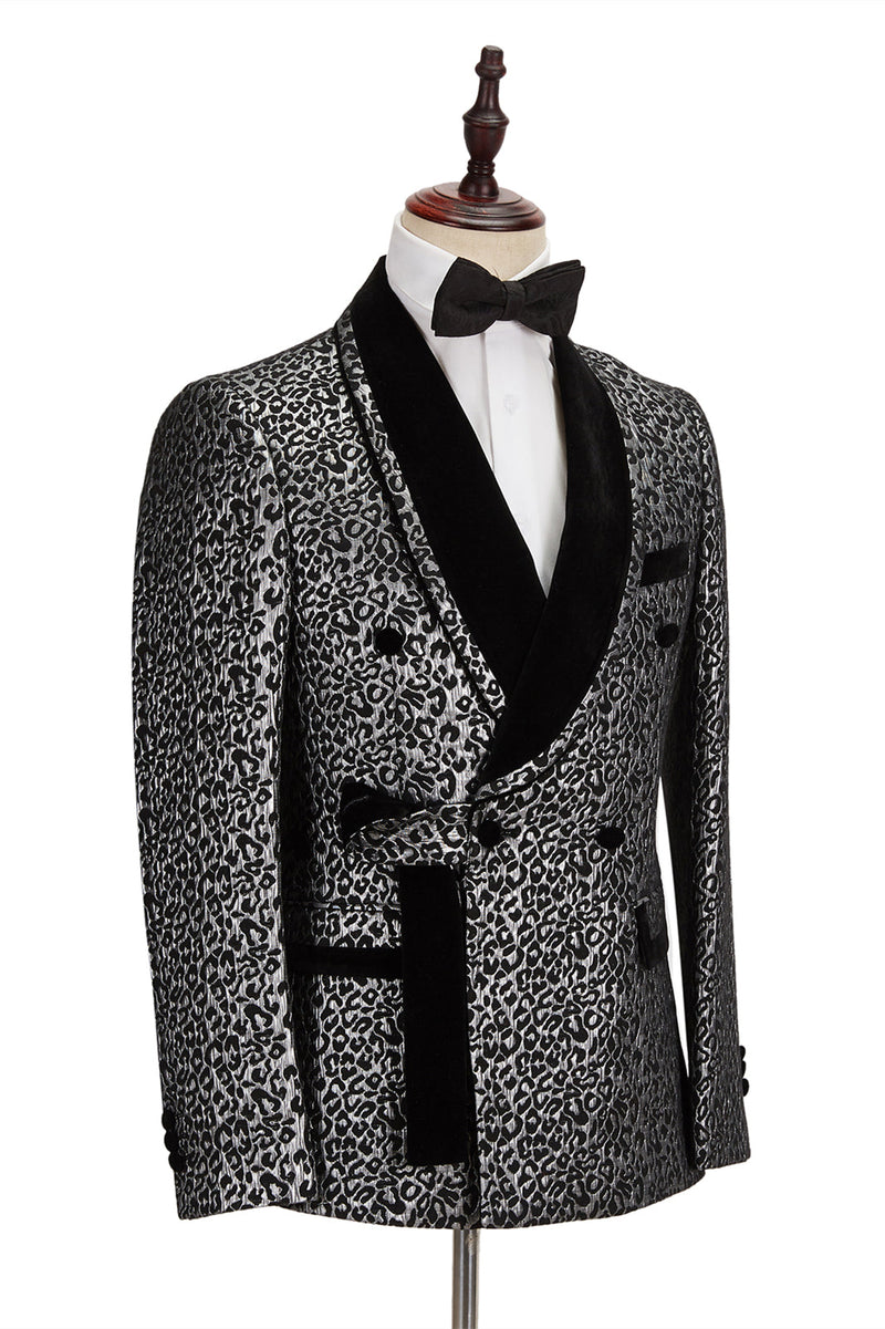 Black Amazing Silver Leopard Jacquard Men's Suit Shawl Lapel Double Breasted Wedding Suit for Formal-Dbrbridal