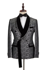 Black Amazing Silver Leopard Jacquard Men's Suit Shawl Lapel Double Breasted Wedding Suit for Formal-Dbrbridal