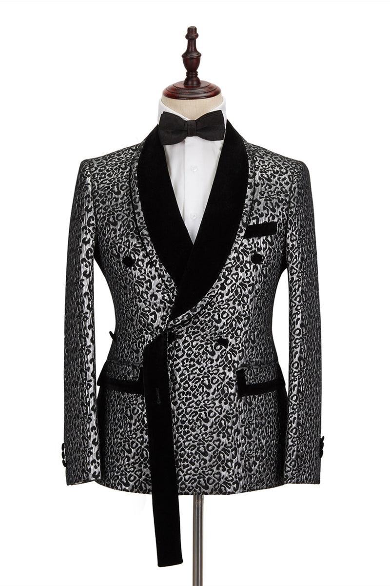 Black Amazing Silver Leopard Jacquard Men's Suit Shawl Lapel Double Breasted Wedding Suit for Formal-Dbrbridal