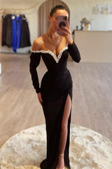 Black Long Sleeves Pearl Prom Dress with High Split V-Neck-Dbrbridal