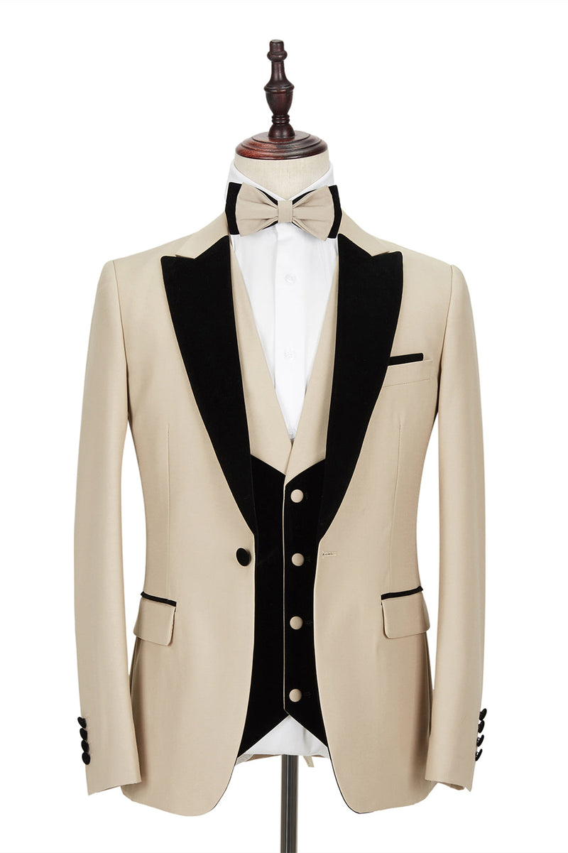 Black Peak Lapel Champagne Wedding Suit Velvet Banding Edge Formal Suit for Men-Dbrbridal