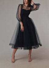 Black Tulle Wedding Dresses Chic A-line Style Illusion Neckline Long Sleeves Tea-Length-Dbrbridal