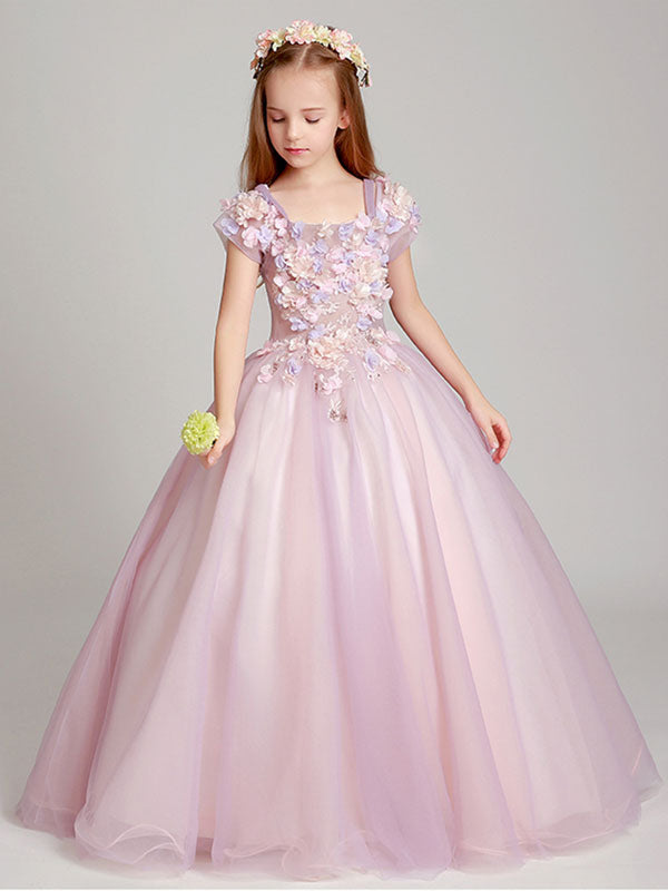 Blush Pink Off The Shoulder Applique Back Illusion Floor Length Kids Pageant flower girl dresses-Dbrbridal