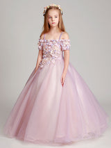 Blush Pink Off The Shoulder Applique Back Illusion Floor Length Kids Pageant flower girl dresses-Dbrbridal