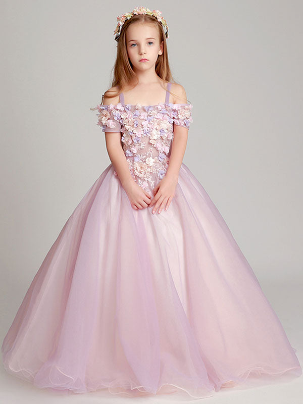 Blush Pink Off The Shoulder Applique Back Illusion Floor Length Kids Pageant flower girl dresses-Dbrbridal