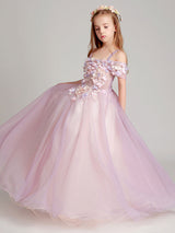 Blush Pink Off The Shoulder Applique Back Illusion Floor Length Kids Pageant flower girl dresses-Dbrbridal