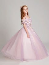 Blush Pink Off The Shoulder Applique Back Illusion Floor Length Kids Pageant flower girl dresses-Dbrbridal