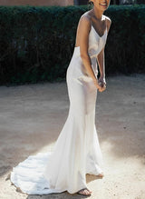 Boho Garden Backless V-Neck Wedding Dresses Silk Like Satin-Dbrbridal