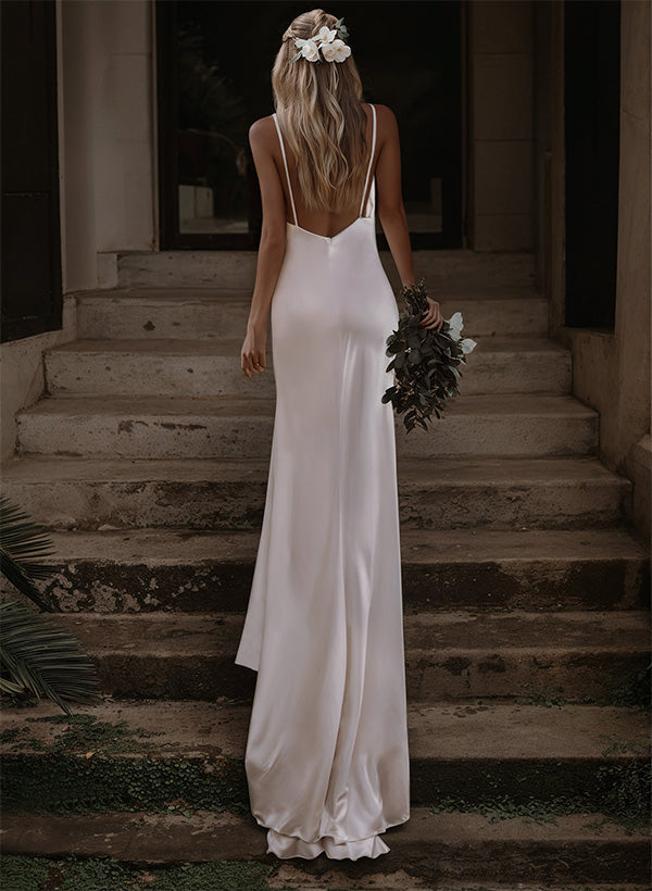 Boho Garden Backless V-Neck Wedding Dresses Silk Like Satin-Dbrbridal