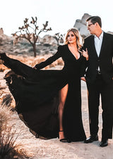 Boho Garden Black Long Sleeves V-Neck Chic A-line Wedding Dresses Chiffon-Dbrbridal