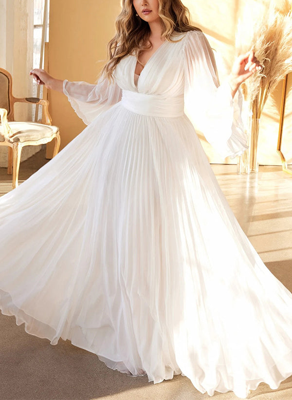 Boho Garden Chic A-line V-Neck Long Sleeves Pleated Wedding Dress Chiffon for Plus Size-Dbrbridal