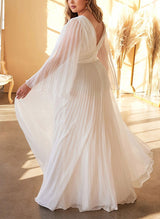 Boho Garden Chic A-line V-Neck Long Sleeves Pleated Wedding Dress Chiffon for Plus Size-Dbrbridal