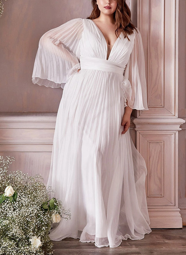 Boho Garden Chic A-line V-Neck Long Sleeves Pleated Wedding Dress Chiffon for Plus Size-Dbrbridal