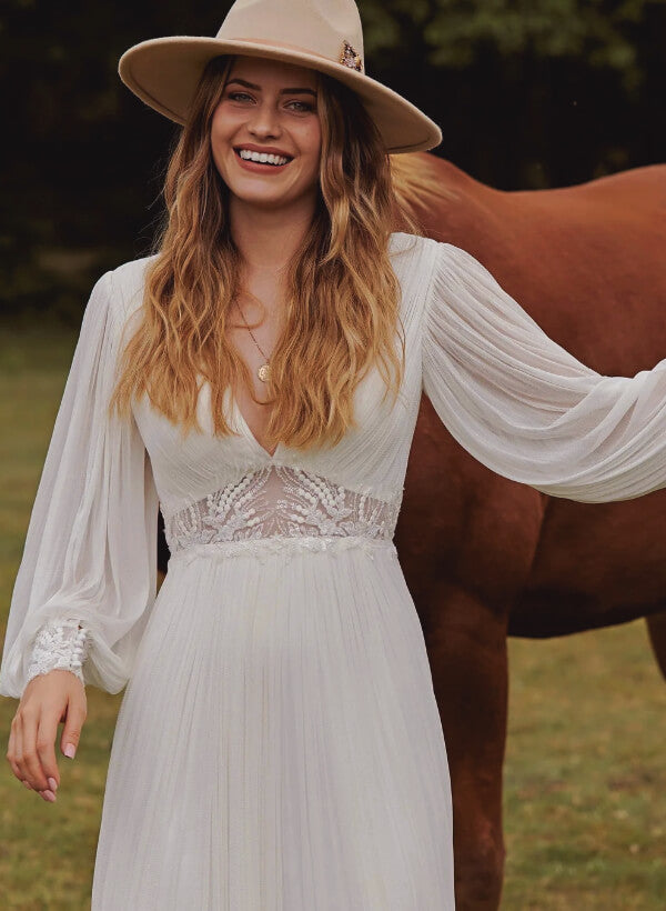 Boho Garden Lace Wedding Dress V-Neck Long Sleeves-Dbrbridal