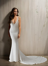 Boho Garden Mermaid Fitted V-Neck Sleeveless Sweep Train Wedding Dresses-Dbrbridal