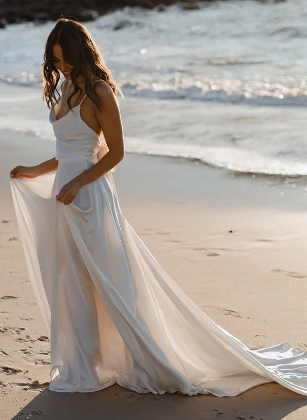 Boho Garden Open Back Cowl Neck Chic A-line Wedding Dresses Silk Like Satin Sweep Train-Dbrbridal