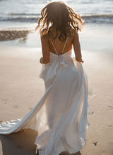 Boho Garden Open Back Cowl Neck Chic A-line Wedding Dresses Silk Like Satin Sweep Train-Dbrbridal