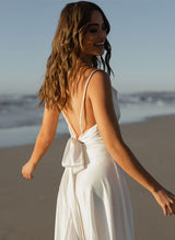 Boho Garden Open Back Cowl Neck Chic A-line Wedding Dresses Silk Like Satin Sweep Train-Dbrbridal