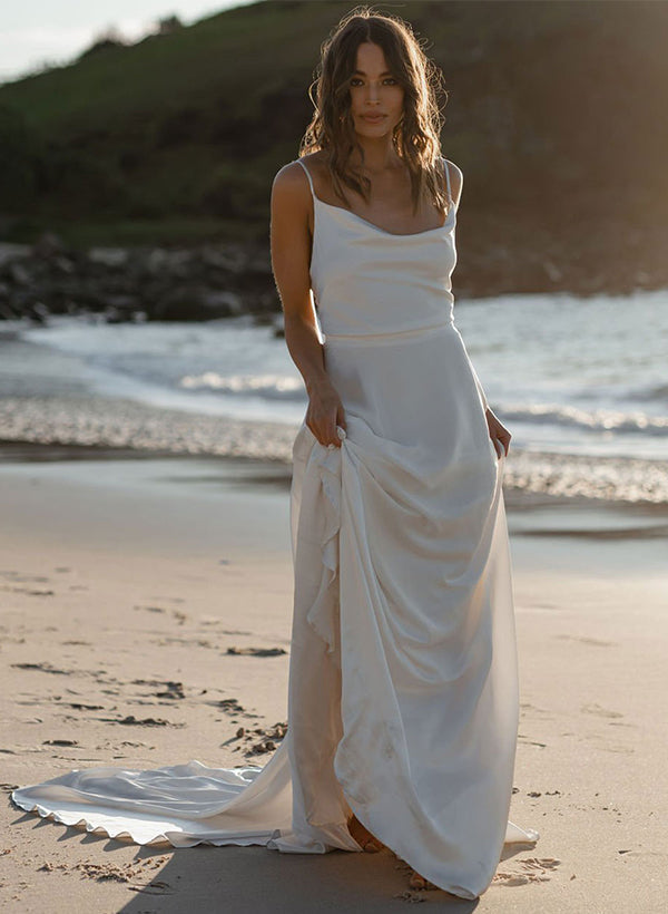 Boho Garden Open Back Cowl Neck Chic A-line Wedding Dresses Silk Like Satin Sweep Train-Dbrbridal