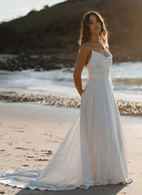 Boho Garden Open Back Cowl Neck Chic A-line Wedding Dresses Silk Like Satin Sweep Train-Dbrbridal