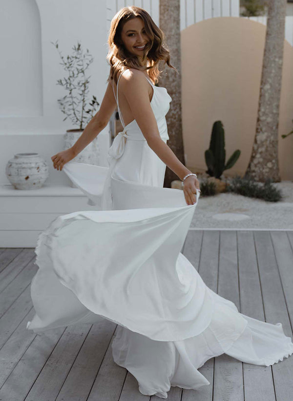 Boho Garden Open Back Cowl Neck Chic A-line Wedding Dresses Silk Like Satin Sweep Train-Dbrbridal