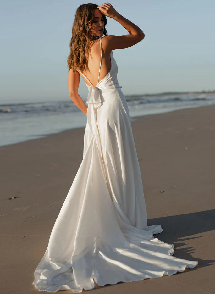 Boho Garden Open Back Cowl Neck Chic A-line Wedding Dresses Silk Like Satin Sweep Train-Dbrbridal