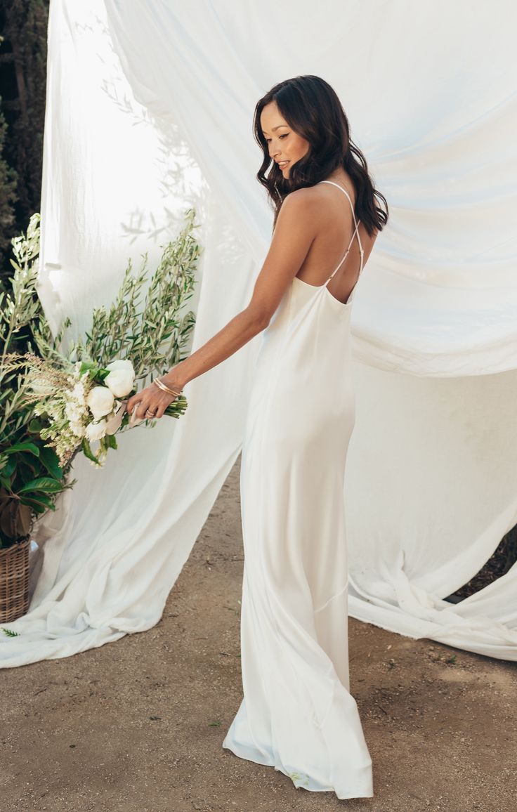 Boho Garden Open Back Cowl Neck Wedding Dresses Silk Like Satin Sheath Fitted-Dbrbridal