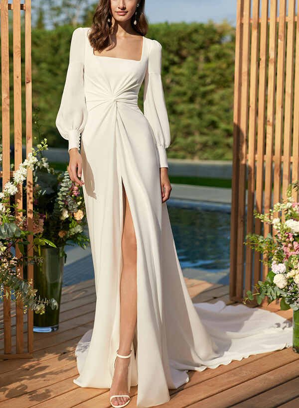 Boho Garden Square Neckline Wedding Dresses Long Sleeves Chiffon Court Train-Dbrbridal