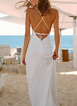 Boho Garden Summer Beach Charmeuse Wedding Dress Open Back Spaghetti Straps V-Neck-Dbrbridal