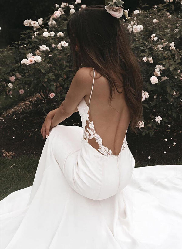 Boho Garden Summer Beach Cowl Neck Sleeveless Court Train Lace Wedding Dresses-Dbrbridal