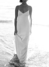 Boho Garden Summer Beach Open Back Satin Wedding Dress V-Neck-Dbrbridal