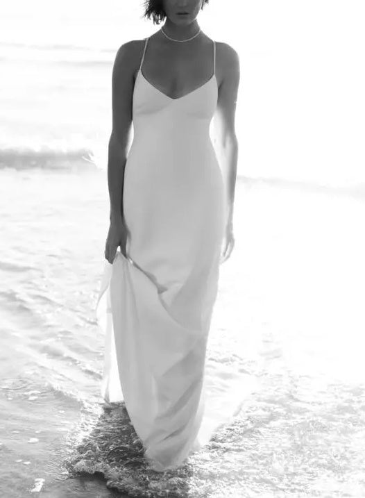 Boho Garden Summer Beach Open Back Satin Wedding Dress V-Neck-Dbrbridal