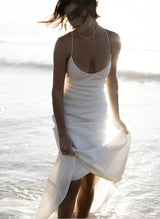 Boho Garden Summer Beach Open Back Satin Wedding Dress V-Neck-Dbrbridal