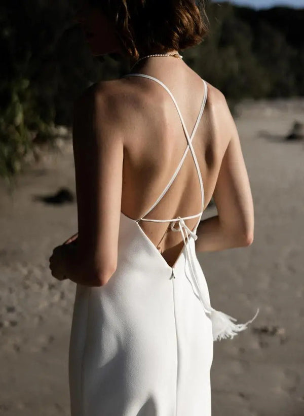 Boho Garden Summer Beach Open Back Satin Wedding Dress V-Neck-Dbrbridal