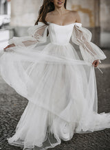 Boho Garden Tulle Off The Shoulder Long Sleeves A Line Wedding Dresses-Dbrbridal