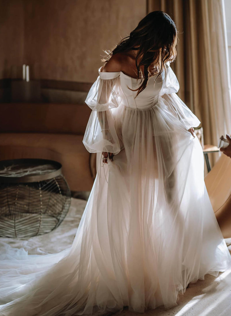 Boho Garden Tulle Off The Shoulder Long Sleeves A Line Wedding Dresses-Dbrbridal