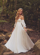 Boho Garden Wedding Dresses Off-the-Shoulder Long Sleeves Chiffon Sweep Train-Dbrbridal