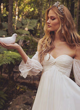 Boho Garden Wedding Dresses Off-the-Shoulder Long Sleeves Chiffon Sweep Train-Dbrbridal