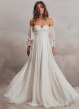 Boho Garden Wedding Dresses Off-the-Shoulder Long Sleeves Chiffon Sweep Train-Dbrbridal