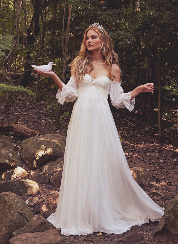 Boho Garden Wedding Dresses Off-the-Shoulder Long Sleeves Chiffon Sweep Train-Dbrbridal