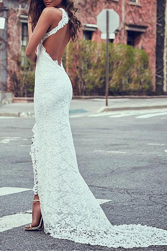 Boho Wedding Dress Mermaid High Cpllar Halter Sleeveless With Train Split Lace Bridal Dress-Dbrbridal