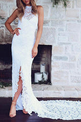 Boho Wedding Dress Mermaid High Cpllar Halter Sleeveless With Train Split Lace Bridal Dress-Dbrbridal