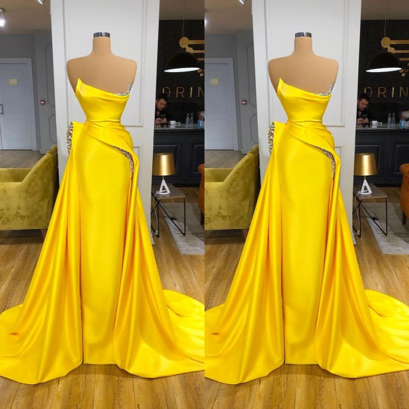 Bright Yellow Metallic Sequin Overskirt Prom Dress Strapless-Dbrbridal