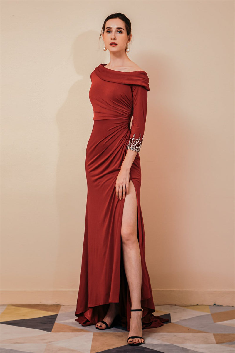 Burgundy Evening Gowns Long Sleevess Jersey Unique neckline Evening Party Gowns-Dbrbridal