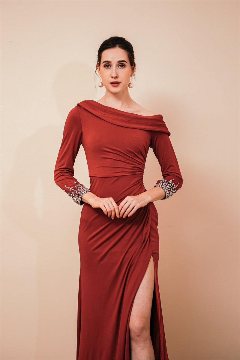 Burgundy Evening Gowns Long Sleevess Jersey Unique neckline Evening Party Gowns-Dbrbridal