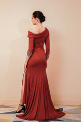 Burgundy Evening Gowns Long Sleevess Jersey Unique neckline Evening Party Gowns-Dbrbridal